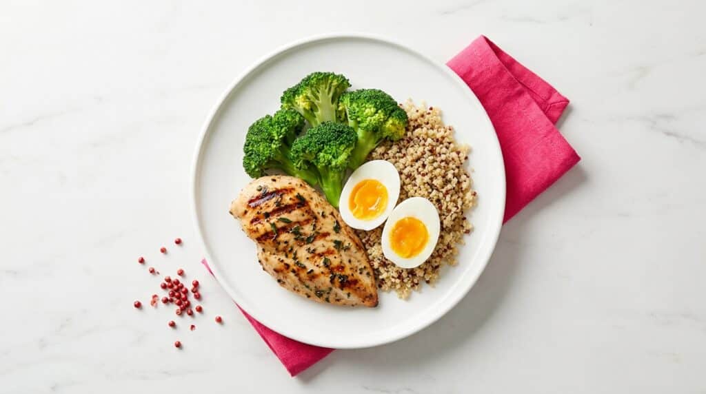 high protein diet plan for weight loss meal plate with chicken, quinoa and egg