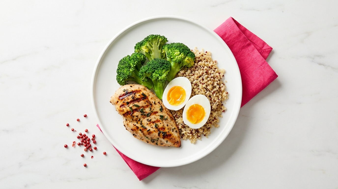 high protein diet plan for weight loss meal plate with chicken, quinoa and egg