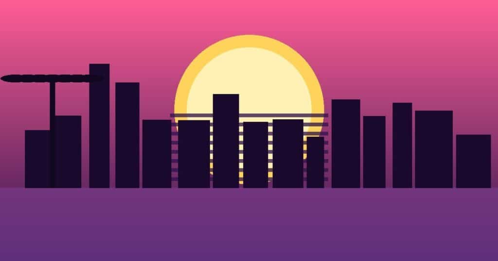 GTA 6 Vice City skyline at dusk with neon sunset and palm trees